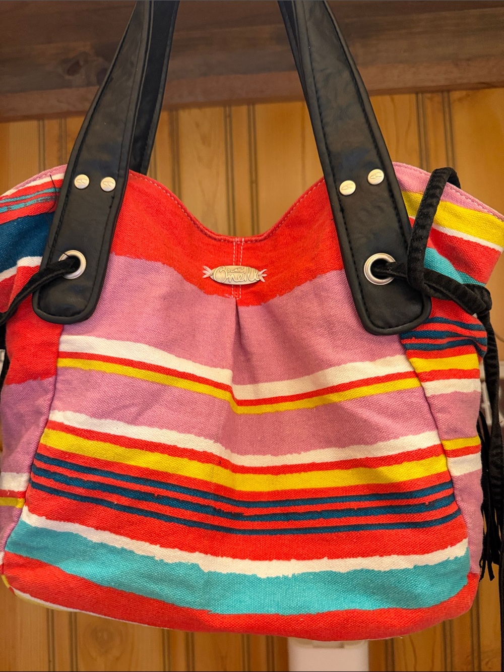 O'Neill Multicolor Striped Canvas Tote with Black Handles